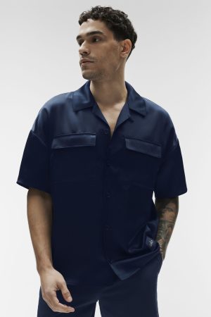 Satin Horizon Short Sleeve Button Up - Navy