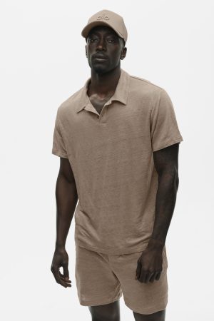 Linen Jersey Coastal Short Sleeve Polo - Gravel