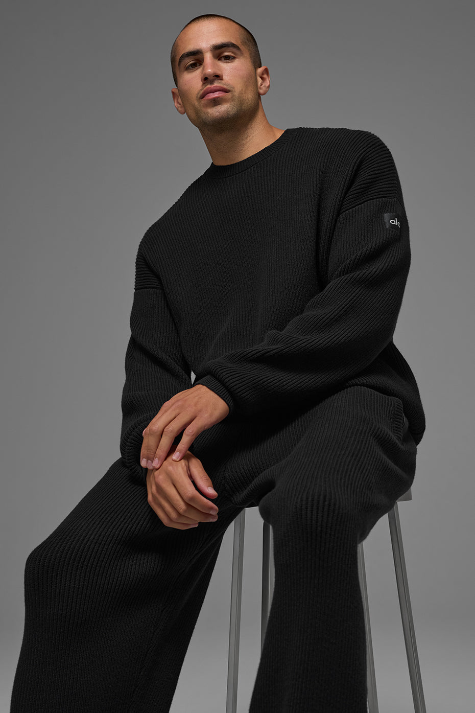 Domain Rib Knit Crew Sweater - Black - Image 5