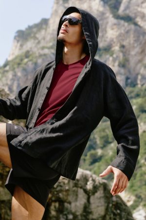 Linen Days Button Up Hoodie - Black
