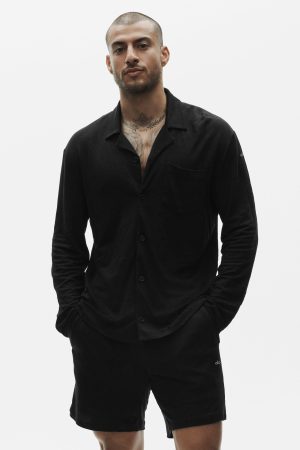 Linen Jersey Coastal Long Sleeve Button Up - Black