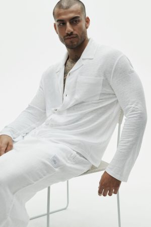 Linen Jersey Coastal Long Sleeve Button Up - White
