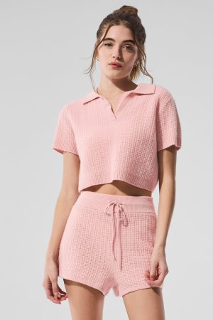 Cashmere Plush Waffle Polo Tee - Pink Quartz