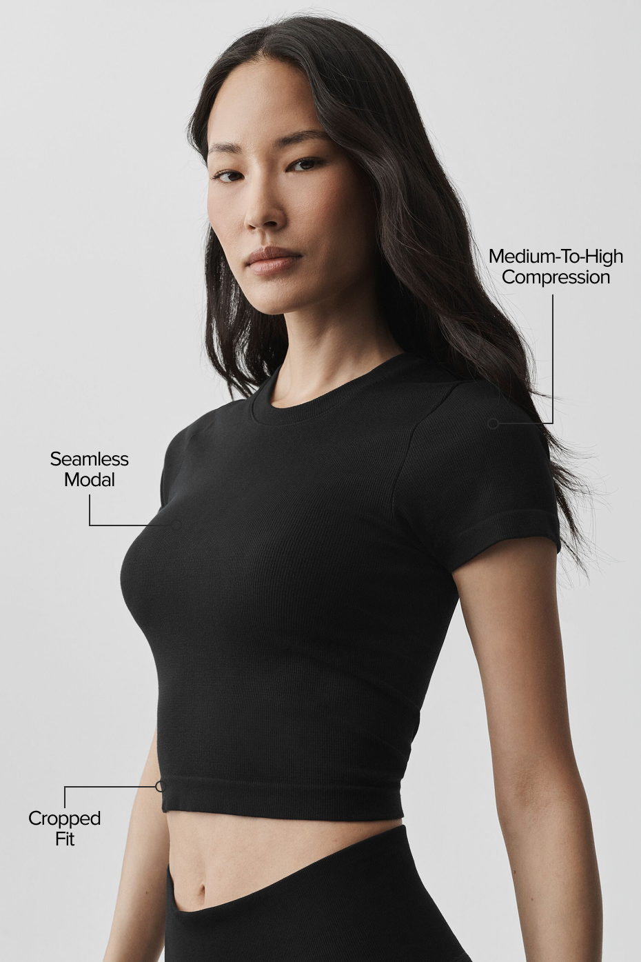Seamless Modal Ribbed Cropped Short Sleeve - Black - Image 2