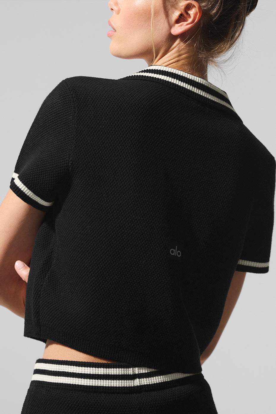 Tennis Club Sweater Knit Cropped Polo - Black/Ivory - Image 4