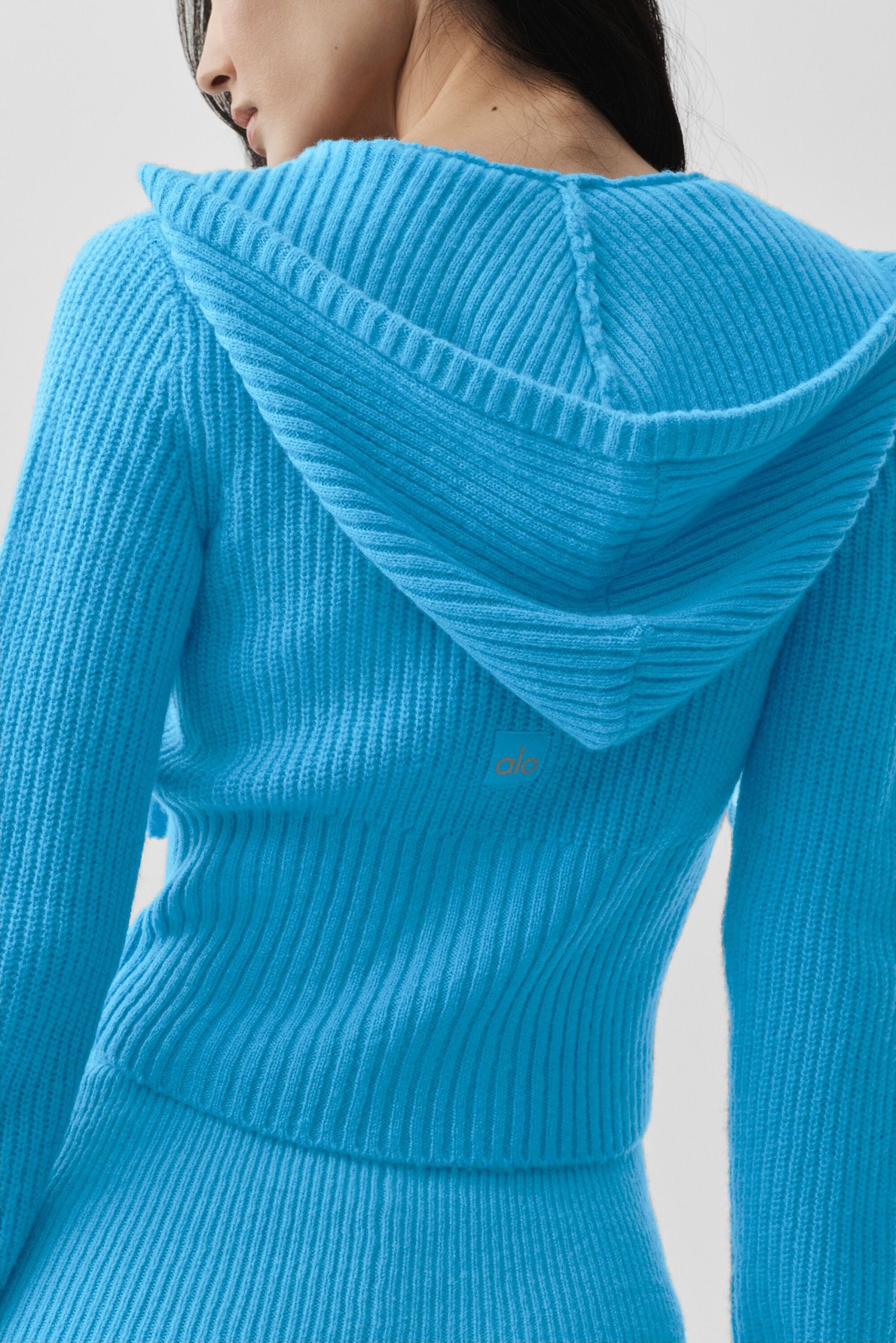 Wool Cashmere Ribbed Noble Full Zip Hoodie - Azure Blue - Image 5