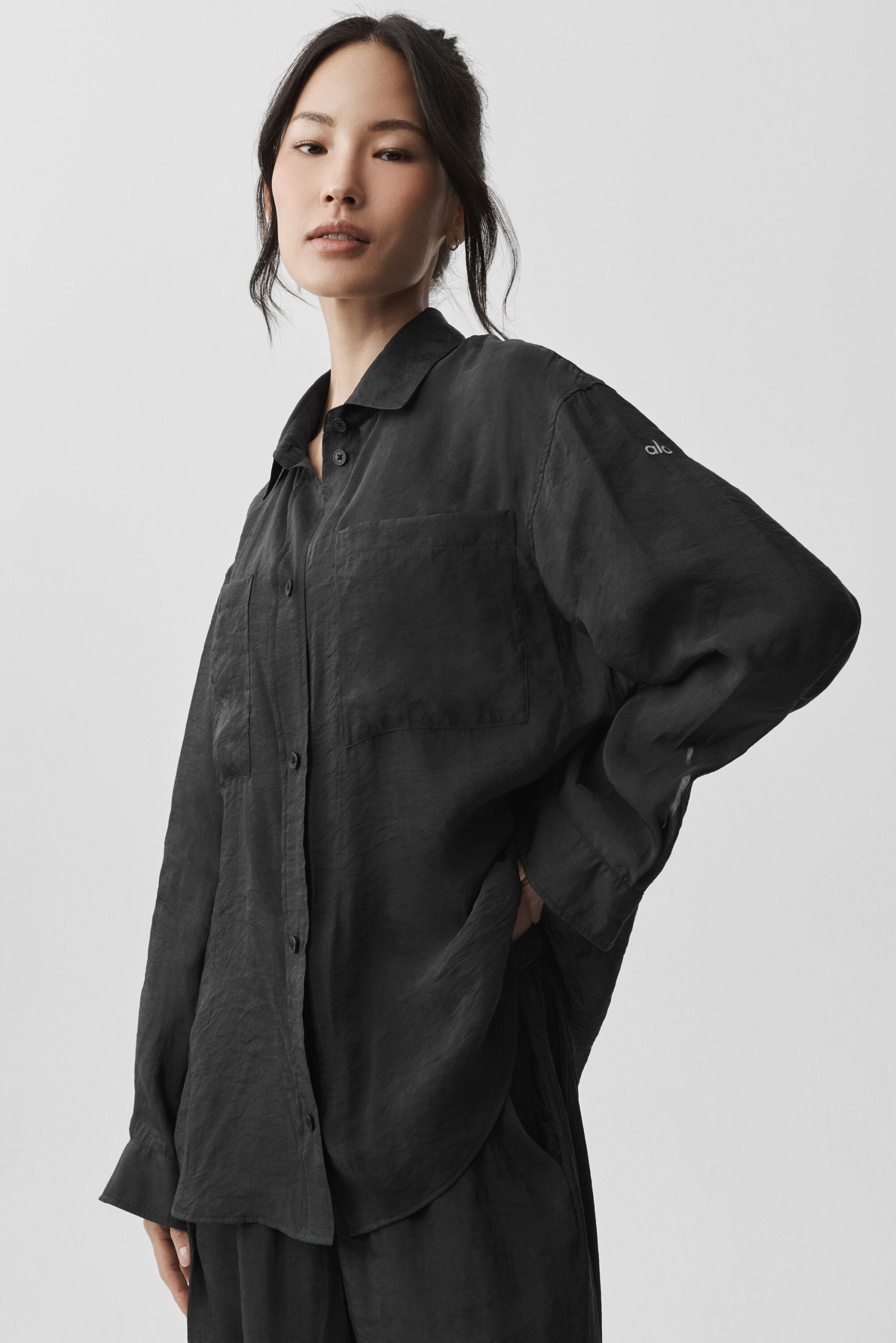 Semi-Sheer Golden Hour Button Down Long Sleeve - Black - Image 5