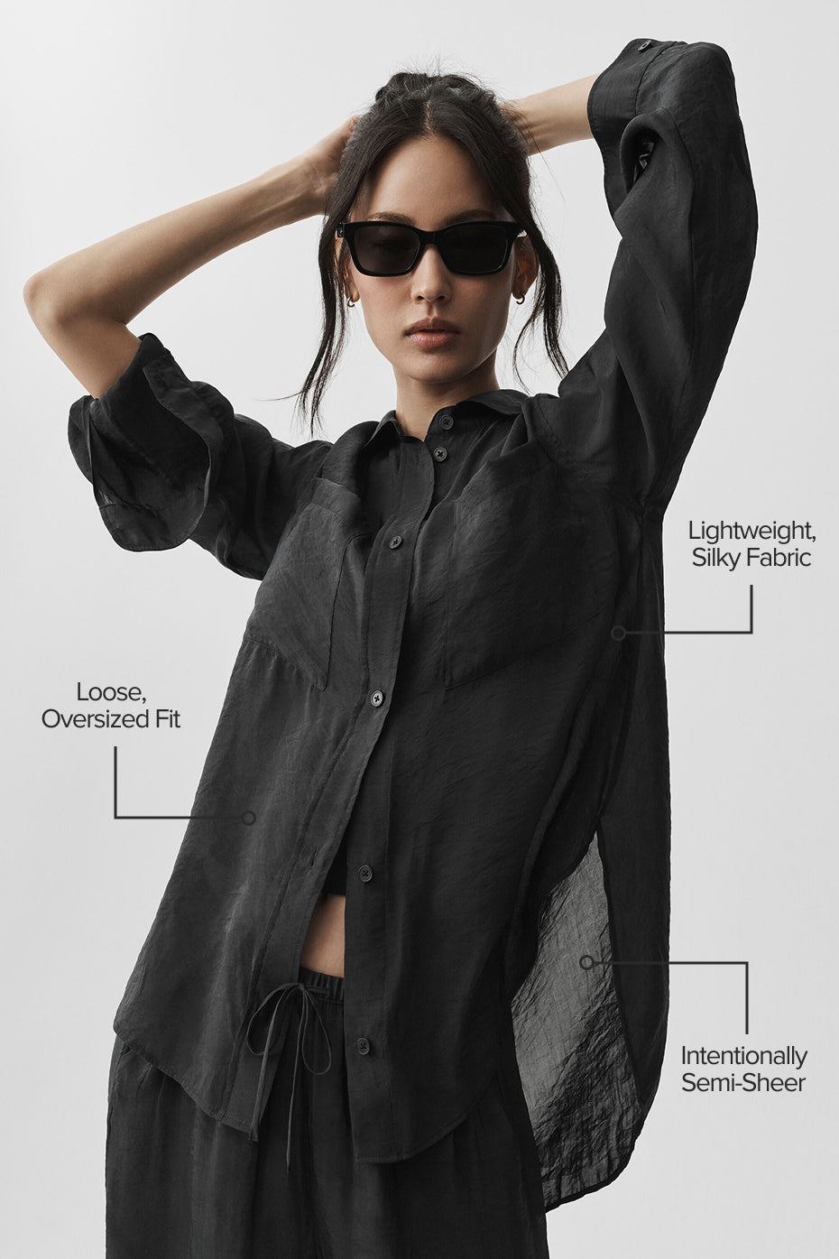 Semi-Sheer Golden Hour Button Down Long Sleeve - Black - Image 2