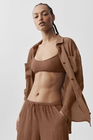 Semi-Sheer Golden Hour Button Down Long Sleeve - Sun Kissed Brown