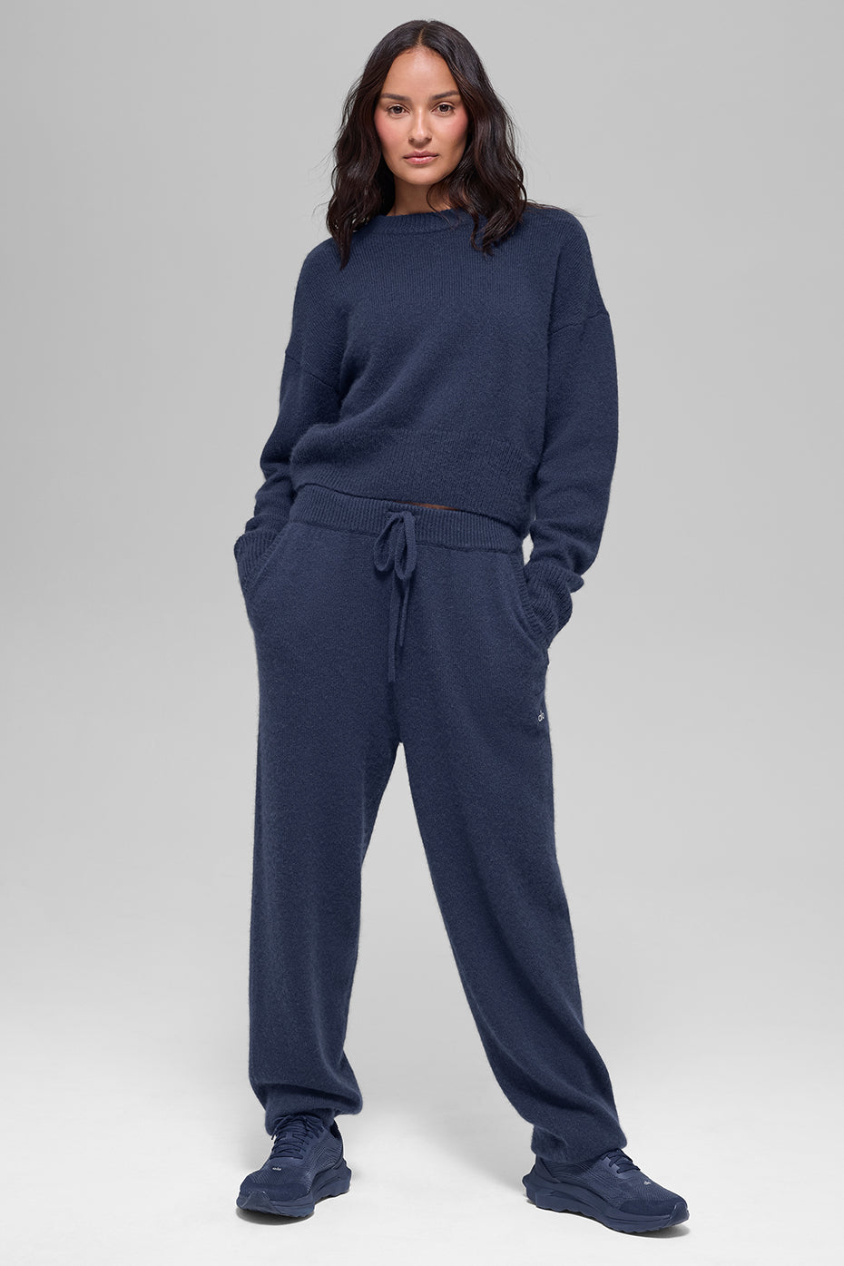 Wool Cashmere Cropped New Class Crewneck Sweater - Navy - Image 4