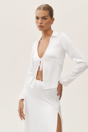 Silk Blend Radiance Long Sleeve Top - White
