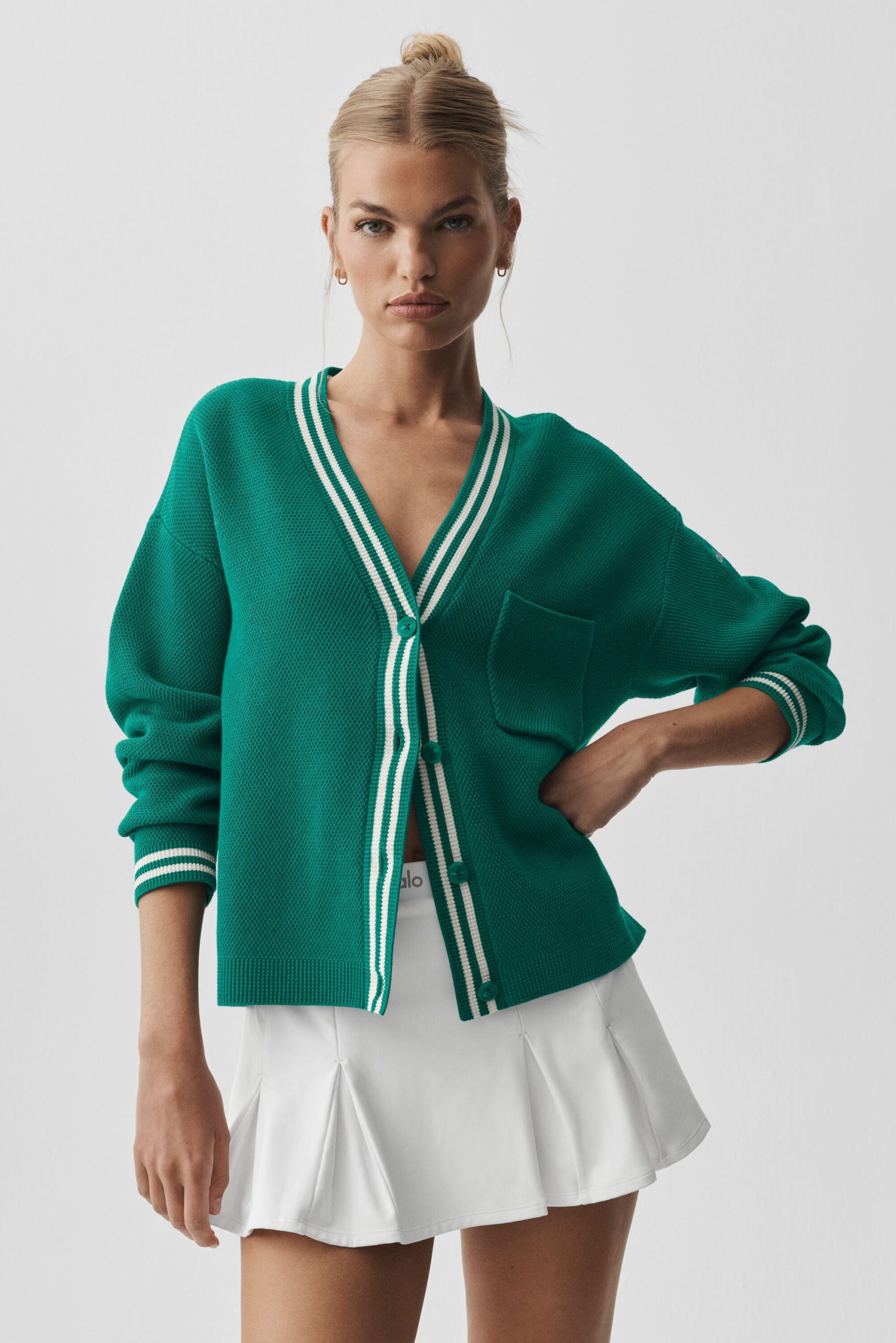 Tennis Club Sweater Knit Cardigan - Emerald Isle/Ivory
