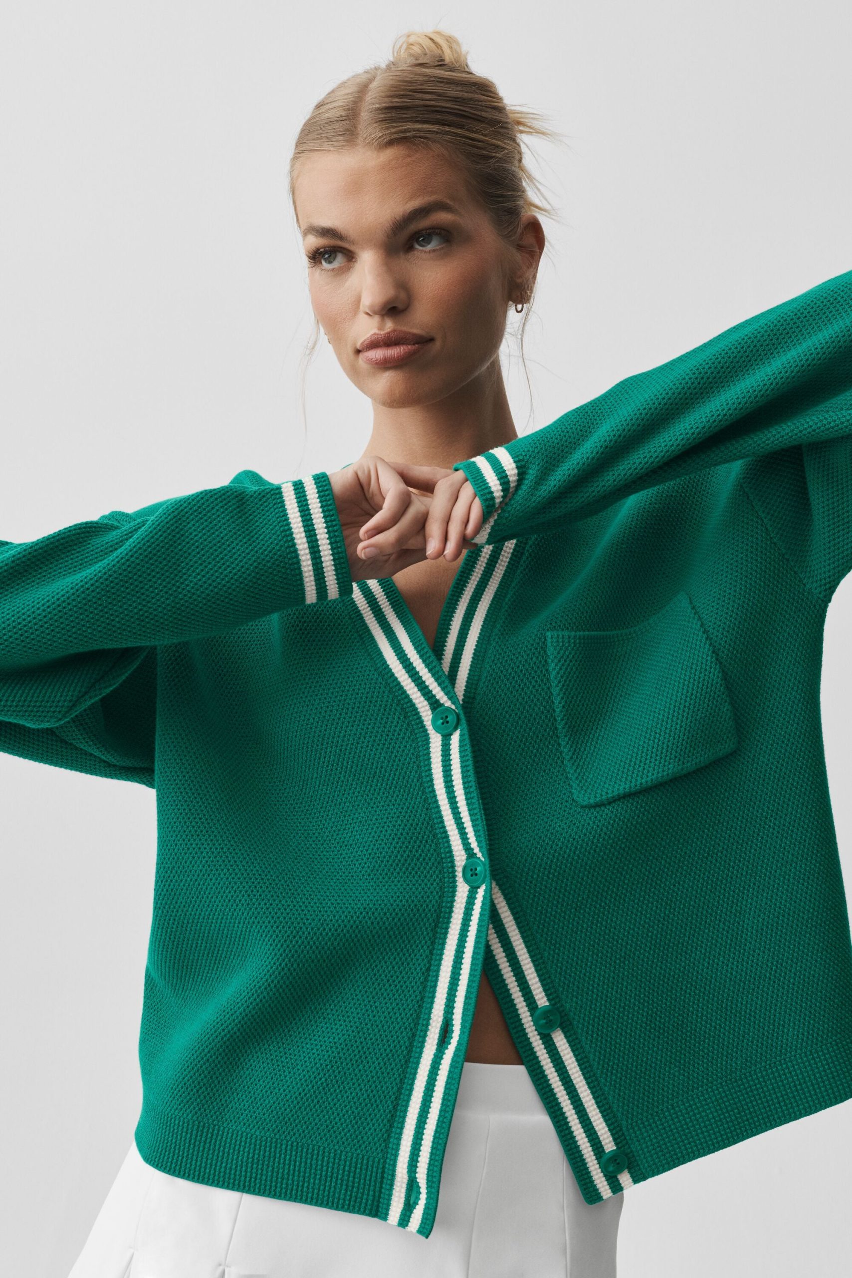 Tennis Club Sweater Knit Cardigan - Emerald Isle/Ivory - Image 3