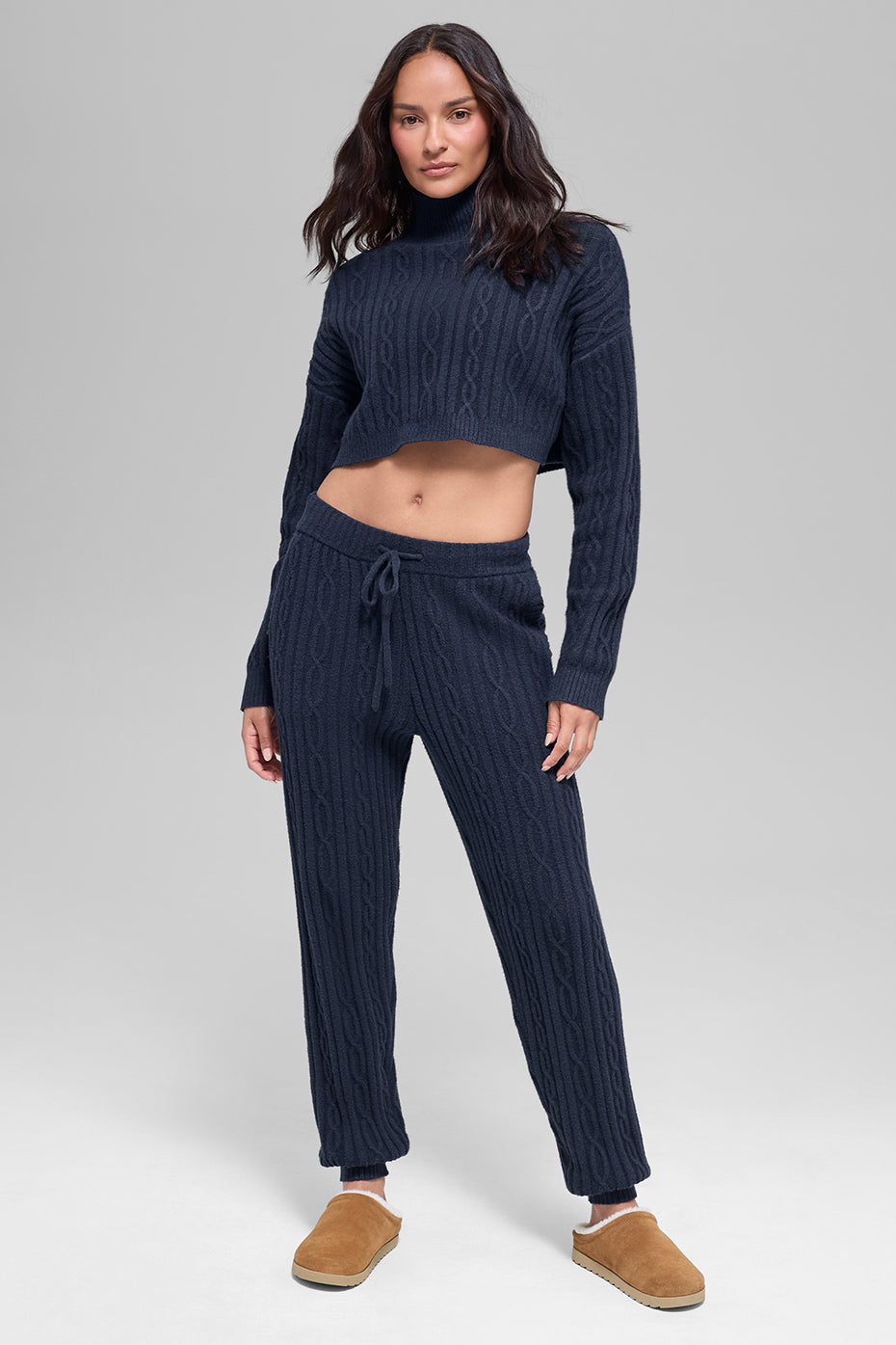 Cable Knit Cropped Winter Bliss Turtleneck Long Sleeve - Navy - Image 5