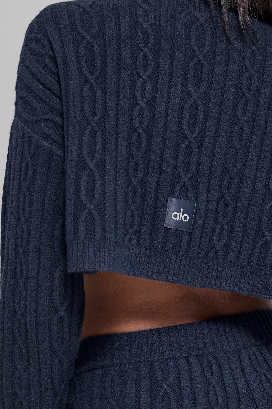 Cable Knit Cropped Winter Bliss Turtleneck Long Sleeve - Navy - Image 3
