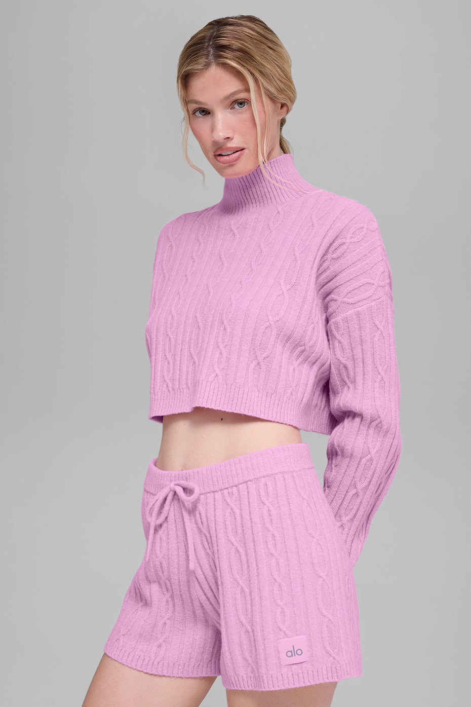 Cable Knit Cropped Winter Bliss Turtleneck Long Sleeve - Candy Heart Pink - Image 4