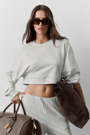 Cropped Sway Crew Neck Pullover - White Heather