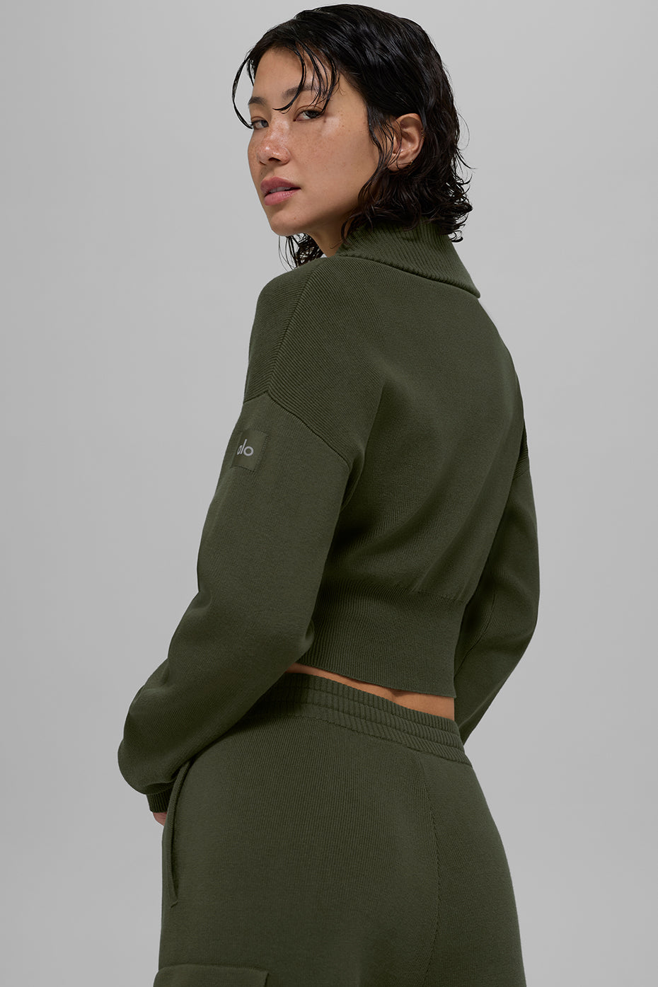 Scholar Knit Cropped Full Zip Jacket - Green Olive - Image 3