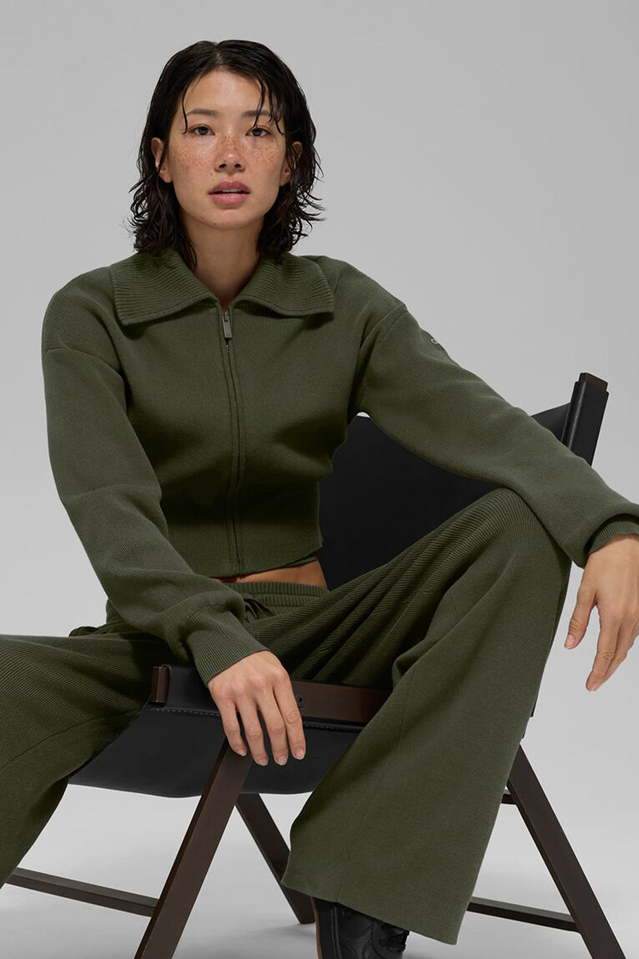 Scholar Knit Cropped Full Zip Jacket - Green Olive - Image 4