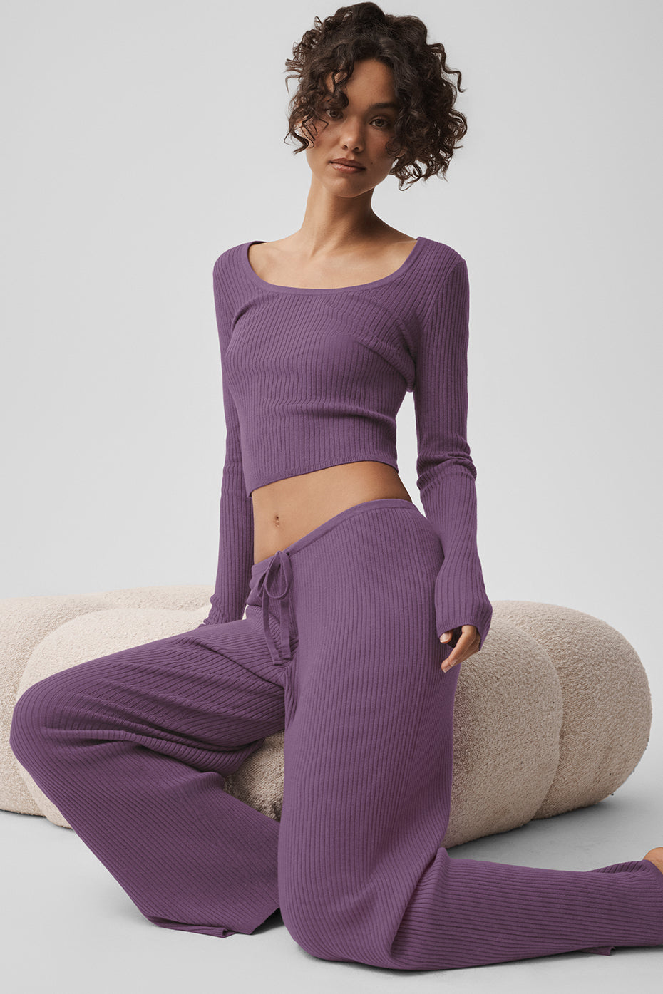 Sweater Knit Mid-Rise Unwind Wide Leg Pant - Plum Kiss - Image 3