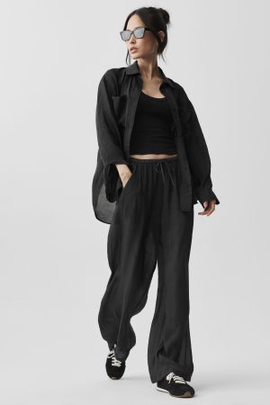 Semi-Sheer Golden Hour High-Waist Straight Leg Pant - Black